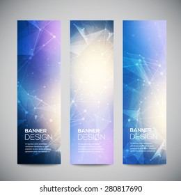 Vector vertical banners set with polygonal abstract shapes, with circles, lines, triangles. Polygonal banners