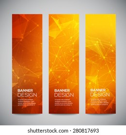 Vector vertical banners set with polygonal abstract shapes, with circles, lines, triangles. Polygonal banners