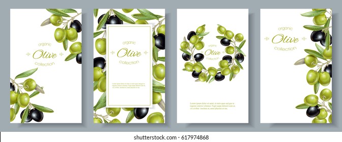 Vector vertical banners set with ripe black and green olives on white background. Design for olive oil, natural cosmetics, health care products. With place for text