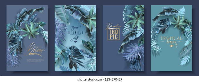 Vector vertical banners set with turquoise tropical leaves. Extraterrestrial fantastic botany design for cosmetics, spa, beauty salon, travel agency 