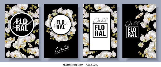 Vector vertical banners set with white orchid flowers on black background. Floral design for cosmetics, perfume, beauty care products. Can be used as greeting card, wedding invitation