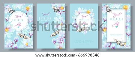 Vector vertical banners set with white lotus and butterflies on blue. Design for natural cosmetics, women hygiene products, soap and napkins. Can be used as greeting cards or wedding invitations