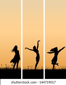 Vector of vertical banners of silhouette girl in the middle of meadow at sunset in orange tone.