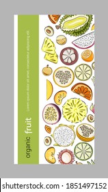 Vertikale Vektorbanner aus tropischen Früchten mit nahtlosem Muster. Design für Säfte, Eis, Naturkosmetik, Süßigkeiten und Gebäck mit Fruchtfüllung, Dessertmenü. Mit Platz für Text.