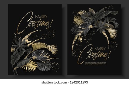 Vector vertical banners with tropical leaves and gold splashes on black background. Exotic botanical design for Christmas greeting card, party invitation, holiday sales, poster, web page, packaging