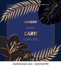 Banderas verticales vectoriales con hojas tropicales y doradas salpicadas de fondo negro. Diseño botánico exótico para tarjetas de felicitación navideña, invitación a fiestas, ventas de vacaciones, afiche, página web, embalaje
