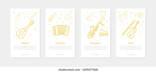 Banderas verticales vectoriales - ukulele, saxofón, violín, acordeón