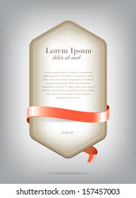 Vector vertical beige paper hexagonal banner with pale pink silky ribbon