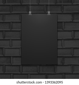 vector vertical black empty poster suspended on office clamps mock up realistic shadow blank template isolated dark metro style bricks texture background
