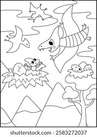 Vector vertical black and white scene with pterodactyl flying to his baby in nest. Dinosaur line landscape illustration. Cute prehistoric coloring page with pterosaur, sky, mountains, trees, eggs
