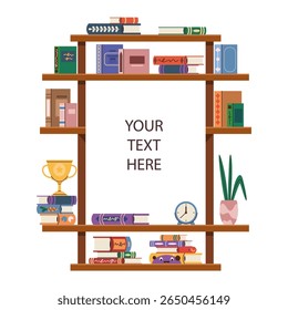 Vertical vetorial ou estante com livros. Plano de fundo ou quadro de literatura para slogan ou texto do editor, citação de sala de aula acadêmica. Prateleiras para biblioteca ou livraria, livraria. Faculdade, universidade