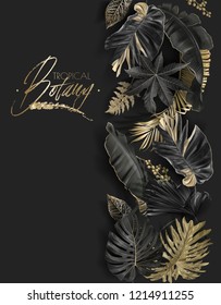 Vector vertical border with black and gold tropical leaves on dark background. Luxury exotic botanical design for cosmetics, spa, perfume, aroma, beauty salon. Best as wedding invitation card