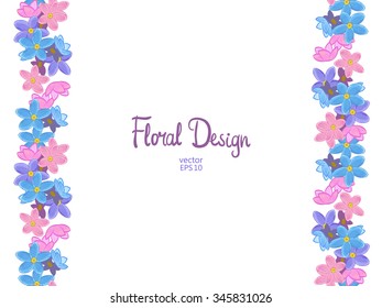 Vector vertical border with blue, pink and violet forget-me-not flowers