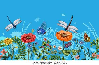 Vector vertical border with dragonflies, butterflies, flowers, grass and plants. Summer style. Seamless nature border, floral background. Vector horizontal banner with colorful plants and insects