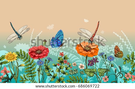 Vector vertical border with dragonflies, butterflies, flowers, grass and plants. Summer style. Seamless nature border, floral background. Vector horizontal banner with colorful plants and insects