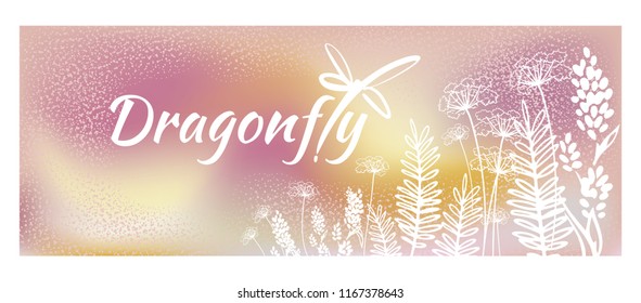 Vector vertical border with dragonflies, flowers, grass and plants. Summer style. Floral background.