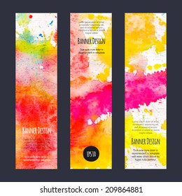 Vector vertical business banner set with abstract rainbow watercolor texture background. Vivid colorful collection, invitation, flyer, corporate identity layout. Grange multicolor design template.