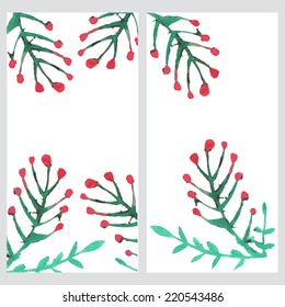 Vector vertical business banner set with bunch of rowan berry with smudges watercolor texture background. Invitation, flyer, corporate identity layout grunge design template collection