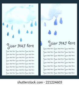 Vector vertical business banner set with stylized blue fluffy watercolor cloud and drops or rain with smudges. Invitation, flyer, corporate identity layout grunge design template collection