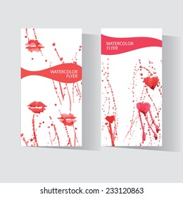 Vector vertical business banner set with stylized watercolor hearts with smudges texture background. Invitation, flyer, corporate identity layout grunge design template collection