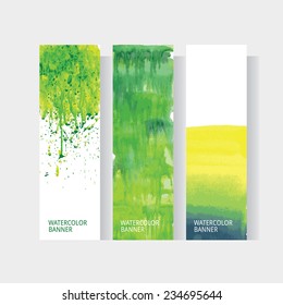 Vector vertical business banner set with abstract rainbow watercolor texture background. Vivid colorful collection, invitation, flyer, corporate identity layout. Grunge multicolor design template.