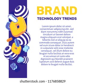 Vector vertical business template with golden and blue 3d elements on white color background. Modern brand landing page. Creative branding concept design with title and slogan for web, site, banner