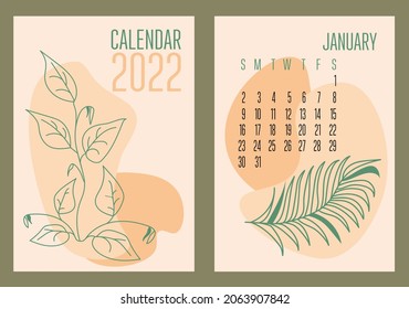 Vector vertical calendar 2022 with abstract sapes and plants in trendy contemporary collage style. Week starts in Sunday. Cover and  page January in size A3, A4, A5. Design in pastel colors.