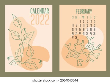  Vector vertical calendar 2022 with abstract sapes and plants in trendy contemporary collage style. Week starts in Sunday. Cover and page February in size A3, A4, A5. Design in pastel colors.