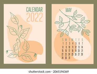  Vector vertical calendar 2022 with abstract sapes and plants in trendy contemporary collage style. Week starts on Sunday. Cover and page May in size A3, A4, A5. Design in pastel colors. EPS10.