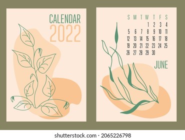  Vector vertical calendar 2022 with abstract sapes and plants in trendy contemporary collage style. Week starts on Sunday. Cover and page June in size A3, A4, A5. Design in pastel colors. EPS10