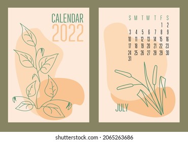  Calendario vertical vectorial 2022 con vigas abstractas y plantas en un estilo de collage contemporáneo a la moda. La semana comienza el domingo. Cubierta y página Julio en tamaño A3, A4, A5. Diseño en tonos pastel. EPS10