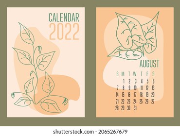  Vector vertical calendar 2022 with abstract sapes and plants in trendy contemporary collage style. Week starts on Sunday. Cover and page August in size A3, A4, A5. Design in pastel colors. EPS10
