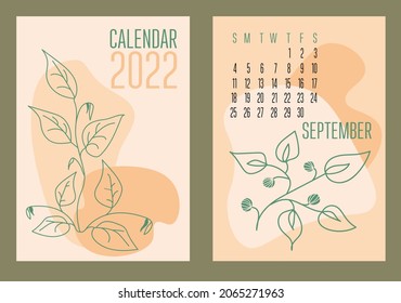  Calendario vertical vectorial 2022 con vigas abstractas y plantas en un estilo de collage contemporáneo a la moda. La semana comienza el domingo. Portada y página Septiembre en tamaño A3, A4, A5. Diseño en tonos pastel. EPS10.