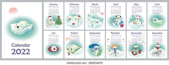 Vector vertical calendar 2022 with cute polar bears. Funny character little polar bear. Week starts on Sunday. Template with cover in size A4 A3 A2 A5.