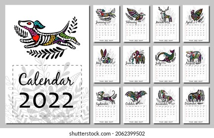 Vector vertical calendar 2022 with different skeleton animals (dog, cat, cow, bat, bear). Week starts from Sunday. Dia de los muertos concept. Set of 12 isolated months and cover. A4 format for print