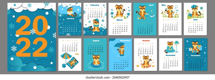 Vector vertical calendar 2022 with symbol of the year tiger. Cute funny character little tiger in cartoon and paper cut style. Week starts in Monday. A set of 12 pages and cover in size A3, A4, A5.