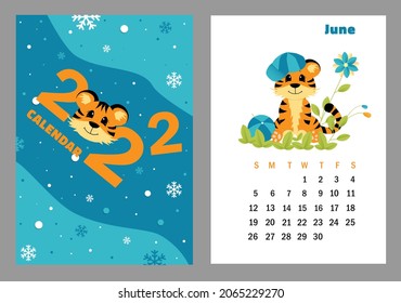 Vector vertical calendar 2022 with symbol of the year tiger. Cute funny character little tiger. Week starts on Sunday. A set of page June and cover in size A3, A4, A5. Colorful design. EPS10.