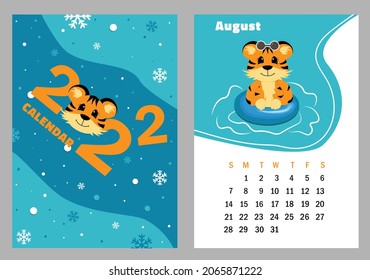  Vector vertical calendar 2022 with symbol of the year tiger. Cute funny character little tiger. Week starts on Sunday. A set of page August and cover in size A3, A4, A5. Colorful design. EPS10.