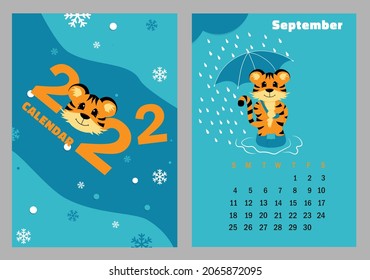  Vector vertical calendar 2022 with symbol of the year tiger. Cute funny character little tiger. Week starts on Sunday. A set of page September and cover in size A3, A4, A5. Colorful design. EPS10.