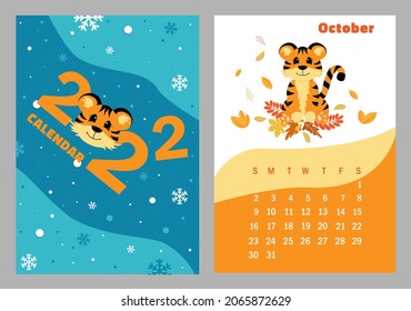  Vector vertical calendar 2022 with symbol of the year tiger. Cute funny character little tiger. Week starts on Sunday. A set of page October and cover in size A3, A4, A5. Colorful design. EPS10.