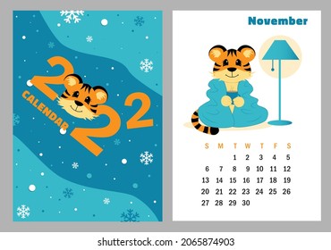  Vector vertical calendar 2022 with symbol of the year tiger. Cute funny character little tiger. Week starts on Sunday. A set of page November and cover in size A3, A4, A5. Colorful design. EPS10.