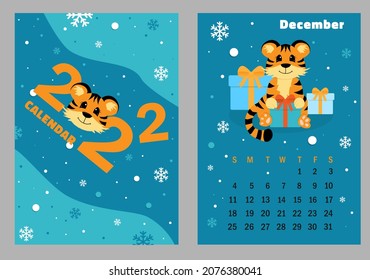 Vector vertical calendar 2022 with symbol of the year tiger. Cute funny character little tiger. Week starts on Sunday. A set of page December and cover in size A3, A4, A5. Colorful design. EPS10.