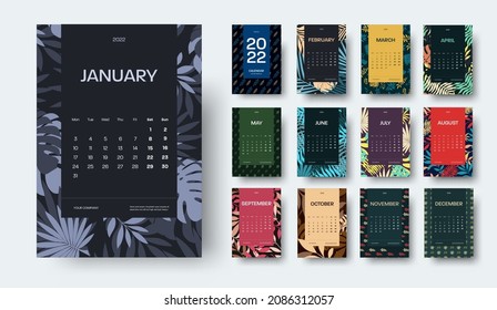 Vector vertical calendar 2022 template, tropical pattern, color, black insert with months, exotic leaves on background. Planner for organizing a company for a year, with weeks, days. Set covers, pages