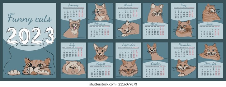 Calendario vertical vectorial 2023 con gatos graciosos en estilo de arte en línea. La semana comienza el lunes. Conjunto de 12 páginas y cubierta de tamaño A4 A3 A2 A5