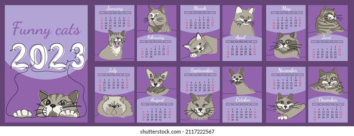 Vector vertical calendar 2023 with funny cats in line art style. Week starts from Sunday. Set of 12 pages and cover in size A4 A3 A2 A5