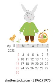 Vector vertical calendar for April 2023 with Easter bunny with basket and eggs. The week starts on Sunday, wall calendar design, Desk calendar 2023, planner template