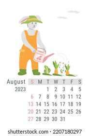 Vertikaler Vektorkalender für August 2023 mit Bauern, die Karotten bewässern. Die Woche beginnt am Sonntag, Wand-Kalender-Design, Desk Kalender 2023, Planer-Vorlage
