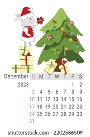 Vector vertical calendar for December 2023 with a rabbit girl at the Christmas tree. The week starts on Sunday, wall calendar design, Desk calendar 2023, planner template