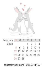 Vertikaler Vektorkalender für Februar 2023 mit Kaninchen auf Rochen. Die Woche beginnt am Sonntag, Wand-Kalender-Design, Desk Kalender 2023, Planer-Vorlage