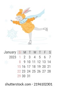 Vector vertical calendar for January 2023 with a rabbit on skates. The week starts on Sunday, wall calendar design, Desk calendar 2023, planner template